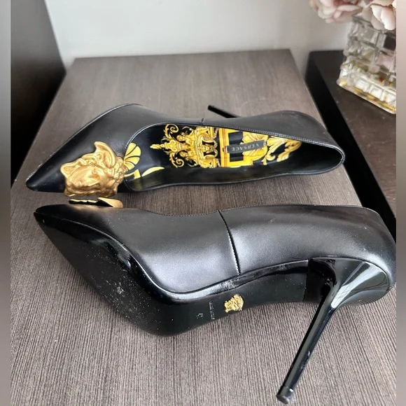 Versace Black Heels with Gold Medusa Accent - Picture 5 of 6